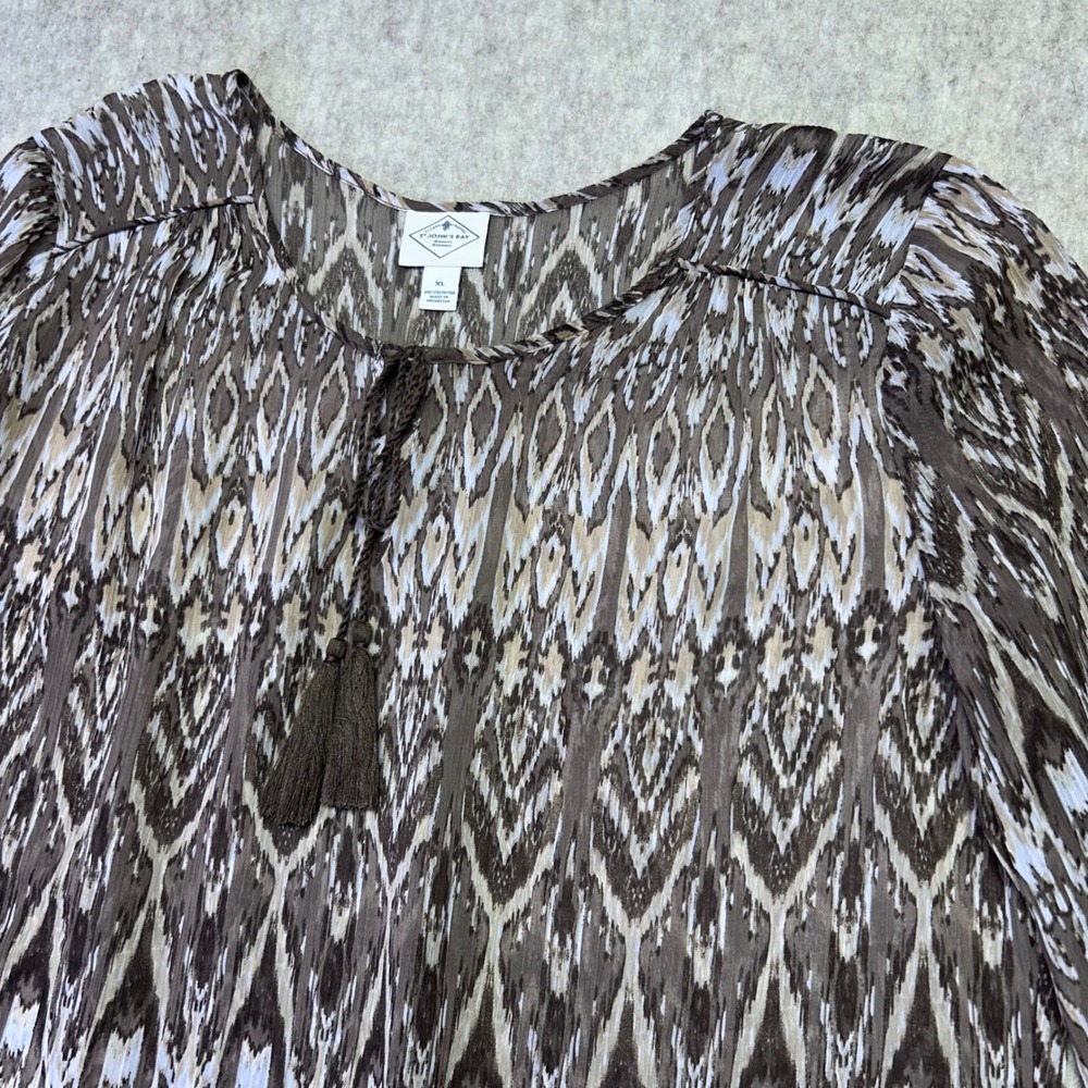 St Johns Bay‎ Women's XL Sheer Tassel Neck Blouse 3/4 Sleeve Print Brown